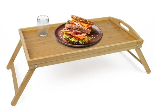 DIVCHI Bamboo Bed Tray Table With Handles & Foldable Legs, Multipurpose Lap Tray & Standing Desk For Breakfast In Bed, Sofa, Eating, Platters, Working, Serving, Drawing, Laptop Stand & Snack Tray