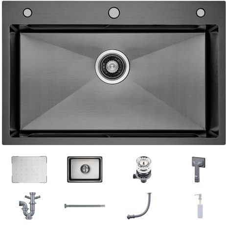 CECIPA Fregadero Negro(Antracita) 70x45 CM, Fregadero Cocina 1 Seno de Acero Inoxidable con Dispensador de Jabón, Fregadero con Sifón y Juego de Desagüe, Fregadero con Lavello Mobile e Tagliere
