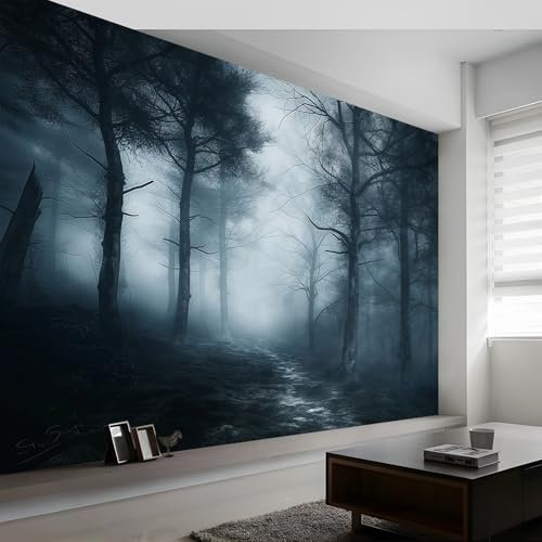 Fototapete Dunkel Wald Nebel Schwarz Grau 200 X 140 Cm(Wxh) Panorama-Wandbild Für Wohnzimmer Und Kinderzimmer | 3D-Effekt Vliestapete Mit Uv-Beständigkeit - Premium Wanddeko & Tapete