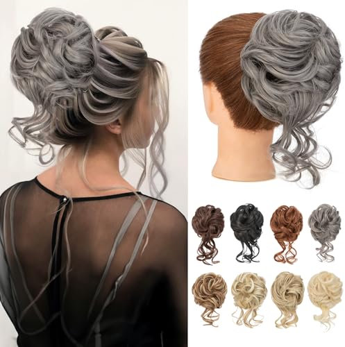 Benehair Dutt Haarteil mit Klammer Natürlich Messy Bun Haarteile für Dünnes Haar Synthetik Haar Scrunchies Haardutt Haarteile für Frauen Mädchen(Schwarz mit Grau, 75g)