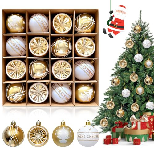 WUSUPU Weihnachtskugeln 16 stück 6cm Plastik Christbaumkugeln Set,Weihnachtsdeko mit Aufhänger,Weihnachtsbaumkugeln für Party, Haus Dekoration,Thema golden und weiß