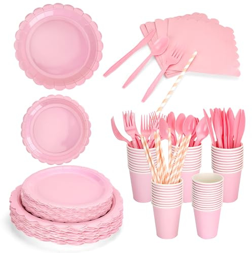 Pink Paper Plates Cups Knives Forks Napkins Spoons Straws Party Set 240 Pcs