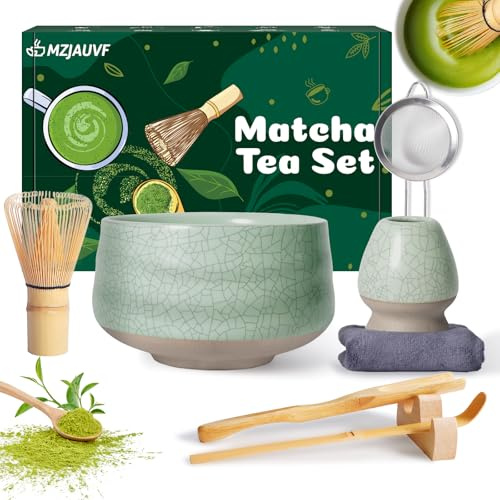 MZJAUVF Matcha Kit, 8Piezas Te Matcha Kit, Cuenco Matcha, Batidor Matcha, Cuchara, Reposa Palillos, Colador, Portacucharas, Kit Matcha para la Ceremonia del Té, Regalo para Amantes del Matcha