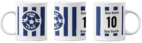 Tasse mit Wunschdruck im Vereinslook, mit individuellem Name, Nummer und Vereinsname für jede Sportart - mit Wunschtext und Logo gestalten. Geschenk für Trainer, Betreuer Geschenk für Sportler