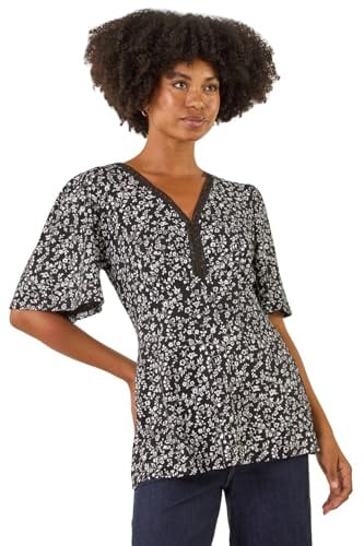 Roman Originals Floral Print V-Neck Lace Stretch Top for Women UK - Ladies Everyday Autumn Winter V-Neckline Comfy Soft Evening Vacation Work Party Night Out - Black - Size 18