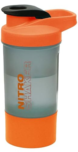 Nitro Shaker 600ml Protein Shaker Bottle Orange – Leakproof BPA Free Gym Shaker Cup with Storage Compartment & Stainless Steel Whisk Ball for Protein Powder, Pre Workout & Smoothies