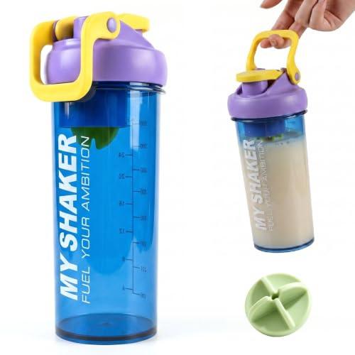 Futuhada Shaker Proteinas 900ml, Vaso Mezclador Proteinas con Compartimento de Polvo y Bola Agitadora, Botella Agua Gimnasio Resistente, Sin Fugas con Asa de Transporte, Para Fitness y Deportes, Azul