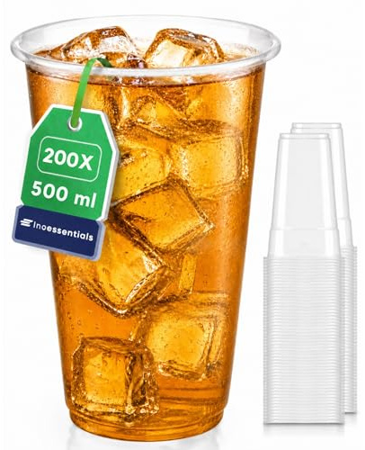 Inoverse Plastikbecher 0,5 l, 200 Stück, Trinkbecher, Partybecher | Transparent, Einwegbecher, Ausschankbecher, transparenter Kunststoffbecher, Plastik Becher für Partys Feiern Veranstaltungen