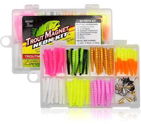 Trout Magnet Angelset in Neonfarben, 82-teilig, fängt alle Arten von Fischen, enthält 70 Wurmlarvenkörper und 12 Haken der Größe 8, Orange, Grün, Weiß, Silber