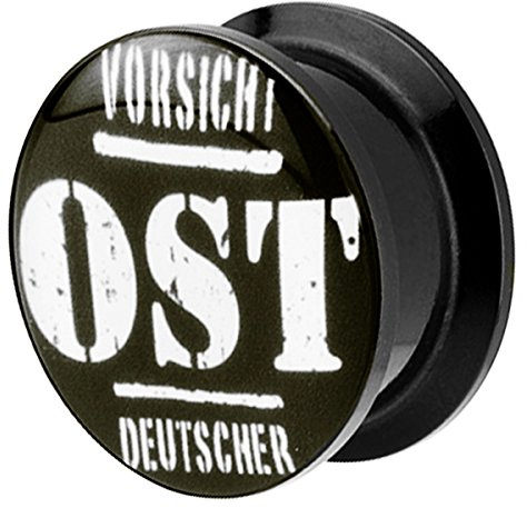 Piersando Ohr Plug Piercing Kunststoff Motiv Comic Picture Flesh Tunnel Ohrplug mit Vorsicht Ostdeutscher Spruch Schwarz Weiß 18mm