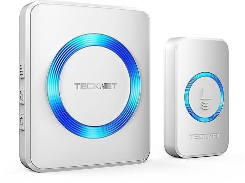 TECKNET Wireless Doorbell, IP65 Waterproof Wall Plug-in Door Bells Wireless Cordless Chime Kit with 1,300feet / 400m Range, 60 Chimes, 5-Level Volume & RGB Light, Plug in Doorbell Best for Home