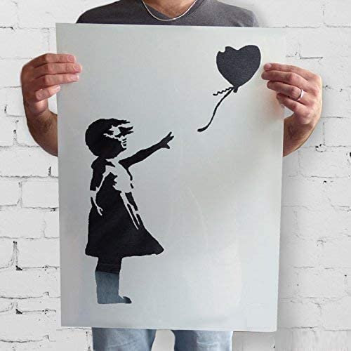 Banksy Ballon Mädchen Schablone | Wiederverwendbar Startseite-Wand-Dekor Schablone | Graffiti Banksy Stil Kunst Schablone | Wandfarbe Stoffe & Möbel - halb transparent Schablone, XXL/ 77X113CM