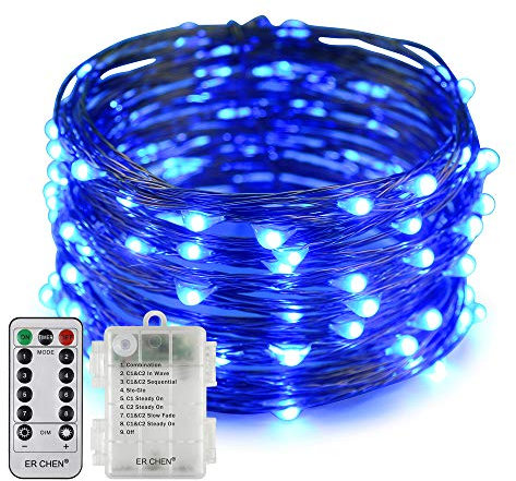 Erchen Batteriebetrieben LED Lichterkette, 33 FT 100 LED 10M dimmbare Kupfer Draht Lichterketten mit Fernbedienung 8 Modi Timer für Innen Außen Weihnachten Party (Blau)