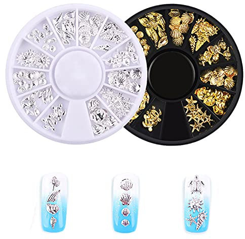 Nail Art Decoration, 2 Boxes Metal 3D Ocean Nail Studs Star Starfish Shell 12 Grid Mixed Sizes Nail Art Decor (2 Count (Pack of 1))