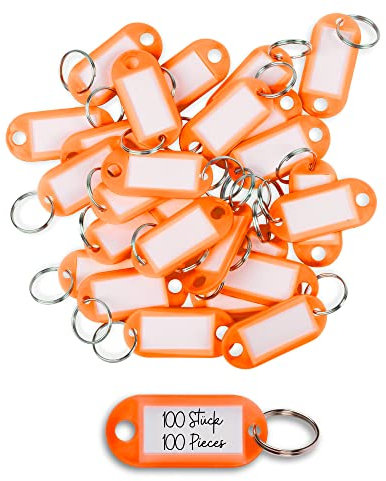 WINTEX 100x Schlüsselanhänger beschriftbar - Strapazierfähige Schlüssel Anhänger mit Etiketten - Farbige Schlüsselanhänger zum Beschriften für Organisation oder Reisen - Orange