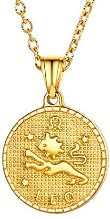 Suplight Gold Leo Coin Necklace Custom Engrave Jewelry Stainless Steel Horoscope Constellation Zodiac Star Sign Charm Necklace for Women Men Birthday