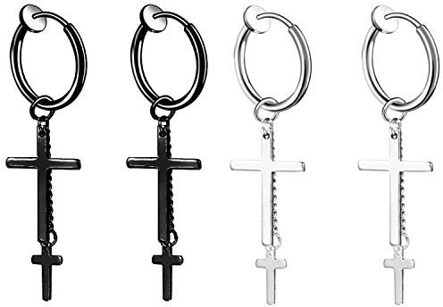 JewelryWe Schmuck 2 Paar Herren Damen Ohrringe Edelstahl Ohrstecker doppelt Kreuz Kette H?ngend Huggie Creolen Ohrringe Ohr-Piercing Ohrh?nger, Schwarz Silber