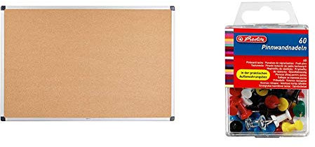 Amazon Basics - Notizbrett aus Kork, Aluminumrahmen, 90 x 60 cm & Herlitz 8770406 Pinnwandnadel 23 mm, 60er Box
