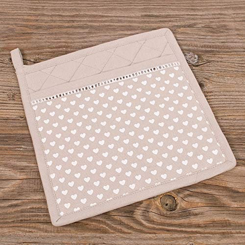 matches21 Topflappen Untersetzer Landhaus Premium TRAUDL Herzen beige weiß & Borte Uni beige Hitzeschutz Küche 20x20 cm 1 STK