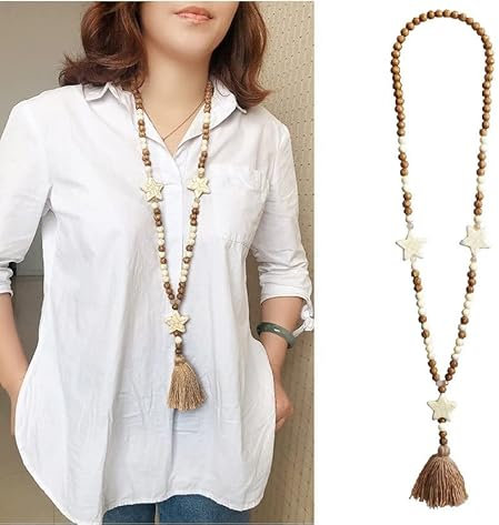 JIAHEY Vintage Turquoise Ronde Tassel Pull chaîne Collier Bohême Boho Main Long Bois Collier de Perle Mesdames joaillierie (Type 4)
