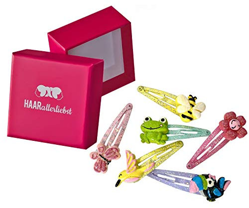 HAARallerliebst Haarspangen Set (6 Stück | glitzernde Schmetterlinge | bunt) für Mädchen inkl. Schachtel zur Aufbewahrung (Glitzer Tiere - Schachtel pink)