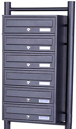 Rapid Teck® 6er Briefkastenanlage | 1x6 Fächer Briefkasten Anthrazit mit Namensschild | Edelstahl Postkasten | Dunkel Grau | Briefkasten Edelstahl Mehrfamilienhaus