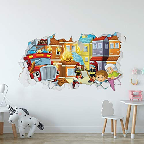 GRAVURZEILE Wandtattoo Kinderzimmer im Feuerwehr Design - Wandsticker Wandaufkleber - 3D Wanddurchbruch & Deko - Größe ca. 115 x 70 cm Farbe Feuerwehr V2