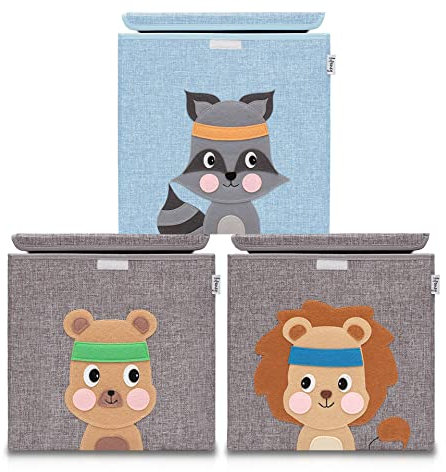 LIFENEY Aufbewahrungsbox mit Deckel im 3er Set Löwe, Bär und Waschbär I Dreierpack Spielzeugbox mit Tiermotiv passend für Würfelregale I Ordnungsbox für das Kinderzimmer I Aufbewahrungskorb Kinder
