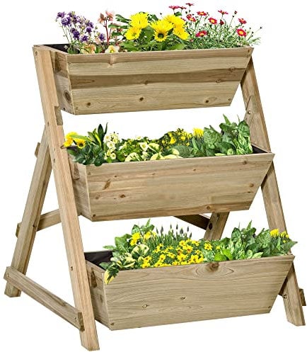 Outsunny Jardinera de Escalera de 3 Niveles Maceteros de Madera Jardinera Vertical con Tela no Tejida y Orificios de Drenaje Huerto Urbano para Plantas Macetas Flores Jardín 71x61x77 cm Natural