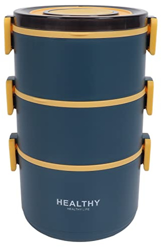 Lunch Box Termico a 3 Strati, Thermos Isolamento Sottovuoto a Tenuta Contenitori per Pranzo Caldi Coperchio Facile da Impugnatura Design Scomparto Staccabile Lunch Box Portatile in(blu elegante)