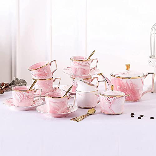 SFDPDM Teeservice aus Porzellan mit Marmormuster Coffee Cusp und Untertassen Set Teeservice Hochzeitsteeservice für Erwachsene,Pink