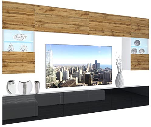 BELINI Wohnwand Vollausstattung Wohnzimmer-Set Moderne Schrankwand mit LED-Beleuchtung Anbauwand TV-Schrank Eiche Wotan/Schwarz