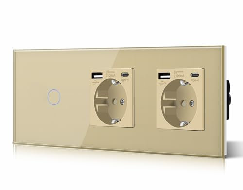 BSEED Lichtschalter mit Steckdose Doppelt 3 in 1 Steckdose + 2.1A USB Ladeleistung + Type C Adapter, 1 Fach 1 Weg Lichtschalter Glasscheibe Schalter mit LED Hintergrundbeleuchtung 228mm Gold