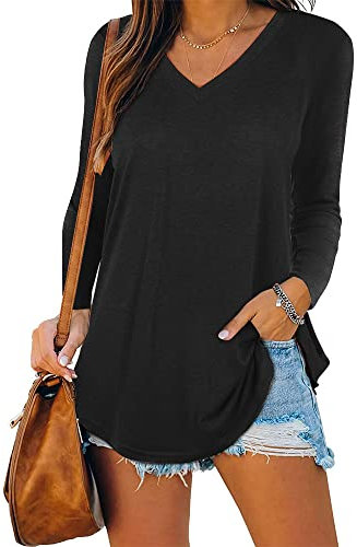 iChunhua Women Cozy Basic V Neck Long Sleeve T Shirts Blouses Tops Black Medium