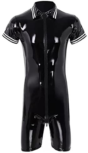 AIEOE Herren Jumpsuit Lackleder PVC Overall mit Langem Reißverschluss Sexy Einteilige Anzüge Slim Fit Schwarz 02 Herstellergröße 3XL/ EU Größe L