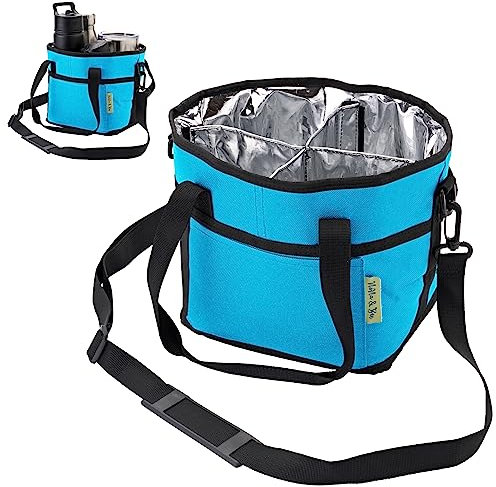 4 Water Bottle Holder with Strap | Family Size 4 Compartment Drink Bag, Multiple Tumbler Carrier Caddy | Adjustable Fits Large & Small Drinks | Hands Free, Won't Tip Over in Car (Blue)