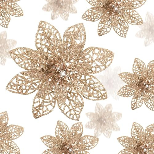 36 Pieces Christmas Glitter Poinsettia Flowers Wedding Glitter Flowers Christmas Tree New Year Ornaments (Champagne)