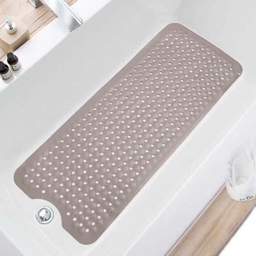 TEESHLY Bath Tub and Shower Mats, Non Slip 40 x 16 Inch Extra Large Bathtub Mat, Machine Washable Bathmat with Drain Holes, Suction Cups for Bathroom Floor (Tan)
