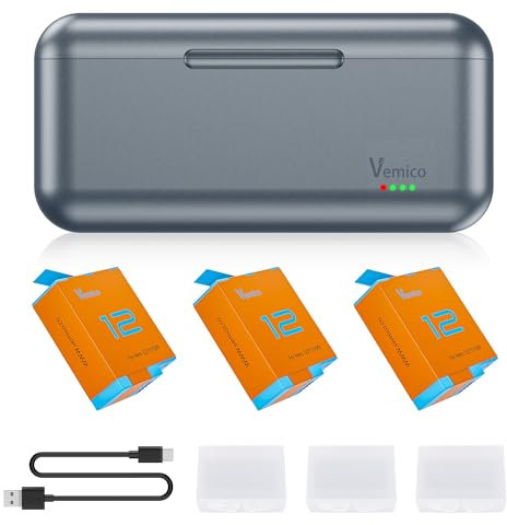 Vemico Hero 10 Batteria Caricabatterie Kit 3 Pack 1800mAh Hero12 Batteria Tipo-C LED 3-Canali Caricabatterie AHDBT-901 per Hero 12 Black/Hero 11 Black/Hero 10 Black/Hero 9 Black