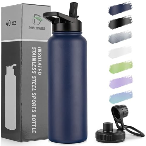 DOMICARE 40 oz Insulated Water Bottle, Vacuum Insulated Stainless Steel Sports Water Bottle with Straw Lid & Spout Lid, Leakproof, Reusable - Travel, Camping, Bike, Navy Blue