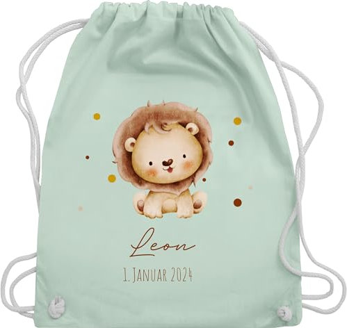 Turnbeutel Rucksack - Löwe mit Name und Datum personalisiert I Geburtstag I Geburt Tiermotiv Geschenk Löwen - Unisize - Pastell Grün - personalisierte kindergartentasche leo zur turnsack
