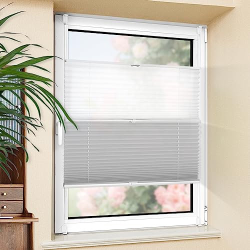 Bondfree Day Night Plissee ohne Bohren Verdunkelung Klemmfix Weiß-grau 95x110cm(BxH) Verdunklungsplissee Thermo Plissee Klemmrollos 100% Verdunkelnd