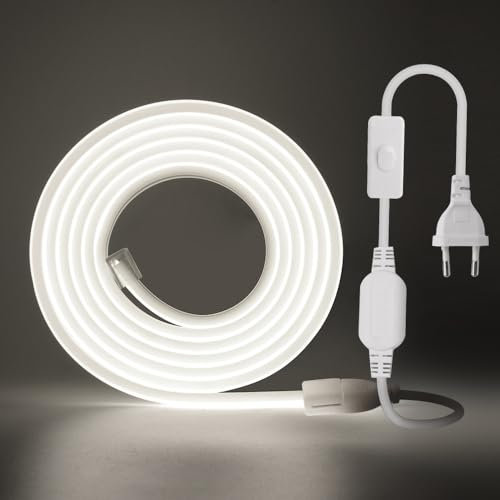 KISUFU 220V COB LED Strip mit Schaltstecker 50M,288 LEDs/m Flexible Hohe Dichte CRI≥85 FCOB LED Streifen,Led Band IP65 Wasserdichte Superhell LED Lichtband für Schlafzimmer, Schrankbeleuchtung