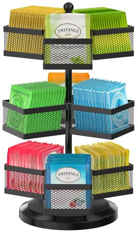 iDavosic.ly Organizzatore per bustine di tè a 3 livelli, porta bustine di tè, con 9 scomparti, girevole in metallo per bancone della cucina, fino a 108 bustine di tè, nero
