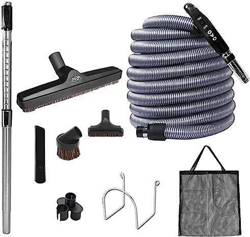OVO Kit di accessori deluxe per aspirapolvere centralizzato, tubo flessibile a bassa tensione con interruttore ON/OFF, spazzola per pavimenti da 30,5 cm, strumenti di pulizia e accessori per riporre