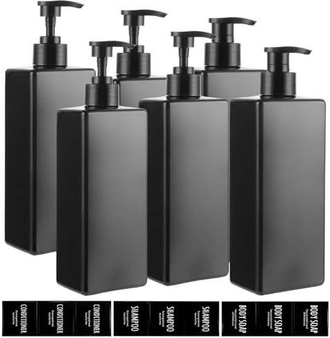 YAYODS 6 Stück Seifenspender Schwarz Bad - Pumpflasche 500 ml Nachfüllbarer - Shampoo Flaschen zum Befüllen - Spenderflasche Kunststoff Quadrat mit Etiketten für Body Soap, Shampoo, Lotion
