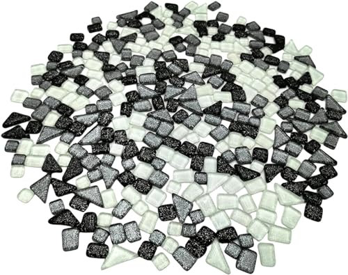 500 g zufällige unregelmäßige Glitzer-glänzende Glasmosaikfliesen zum Basteln, Großpackung, Glasmosaik-Stück-Set für Tassen, Bilderrahmen, Heimdekoration, DIY-Kunstprojekte (Mix Schwarz Weiß)
