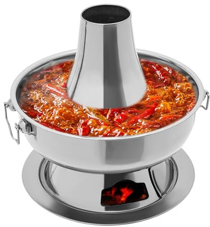 2.3 Litre Hotpot chino de carbón vegetal, de acero inoxidable vintage, con chimenea, con cuchara de sopa y un colador para el hogar, restaurantes (plata)