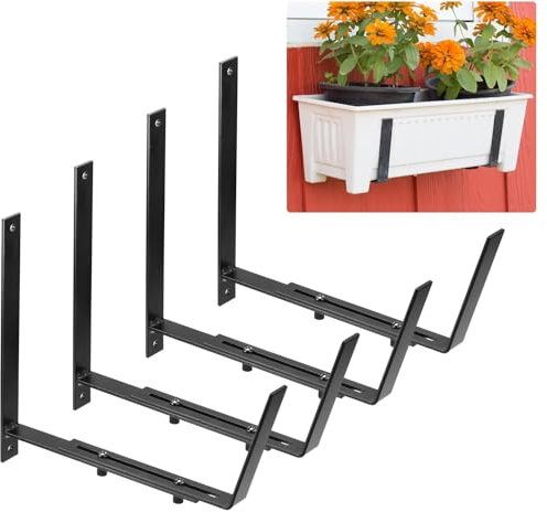 Paquete de 4 soportes ajustables para jardineras de ventana, soporte de hierro resistente, soporte de pared para caja de flores para barandillas, terraza, ventana, pared, jardín, vallas y balcón