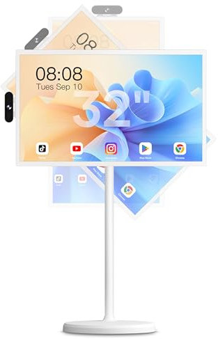 Cozyla Mate 32 Inch Mobile Portable TV Stand on Wheels Support Google Store Full Swivel Rotation Portable Touch Screen Monitor Built-in Battery Smart Rolling Tablet TV 4K Camera Remote Control White